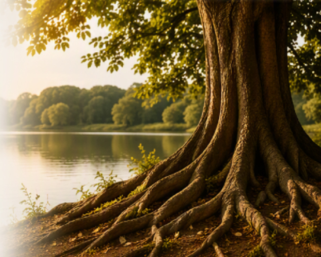 Tree roots by calm lake at sunrise
